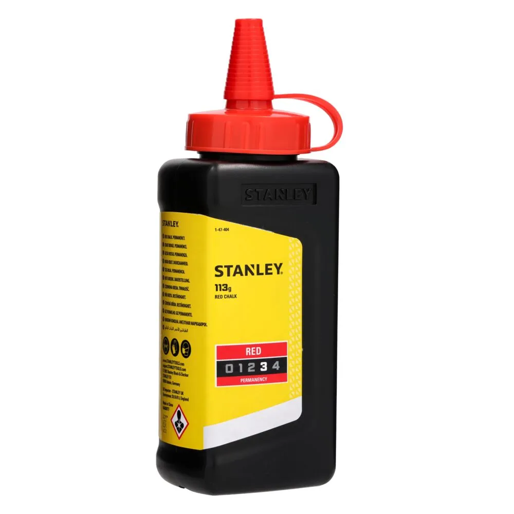 Pildil on näha Stanley 115 g punane märkenööri pulber, millel on punane kork ja kollane etikett.
