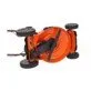 Pildil on näha oranž Powerplus Dualpower akumuruniiduk, millel on neli ratast ja lõiketerad.