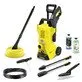 Pildil on Kärcher K 3 Power Control Car & Home survepesur koos erinevate lisatarvikute, puhastusvahendite ja puhastusharjaga.