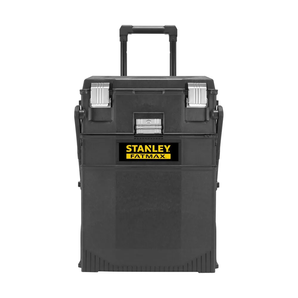 Pildil on näha must Stanley Fatmax tööriistakast ratastel.