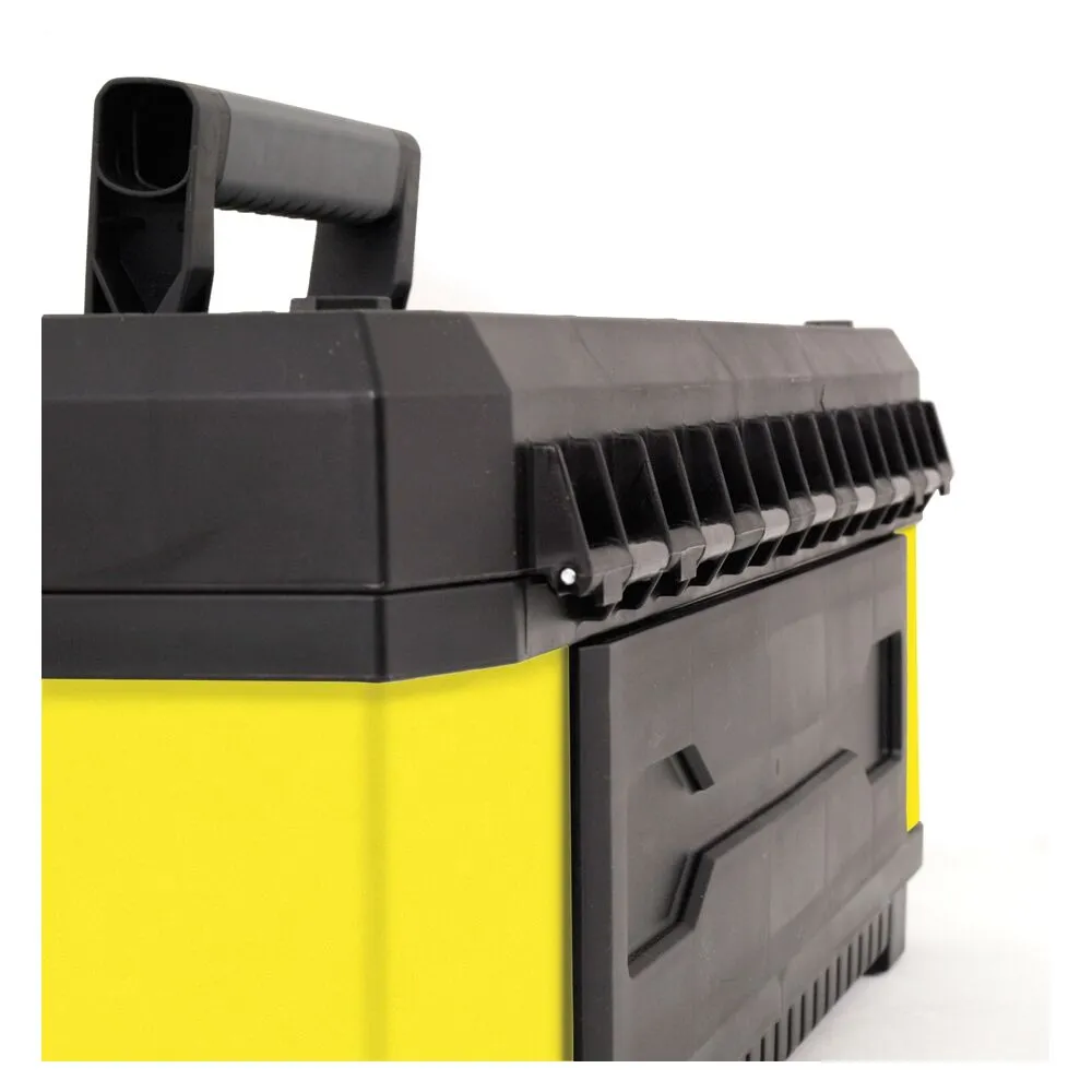 Pildil on näha erekollane Stanley tööriistakast koos musta käepideme ja detailidega.