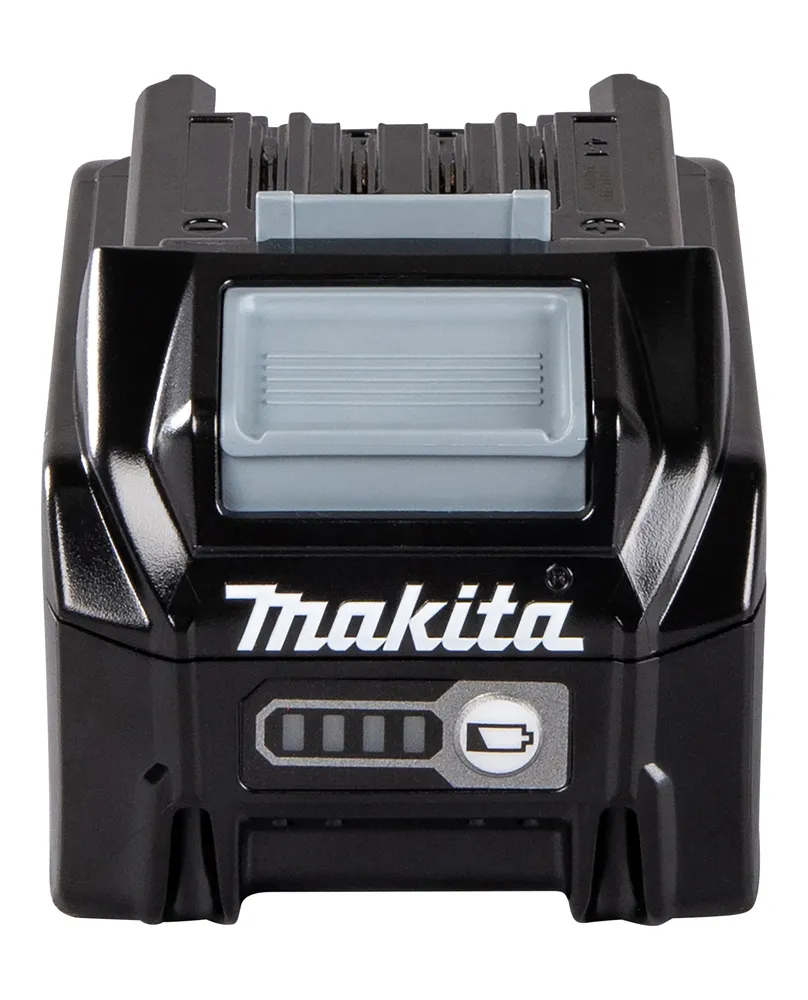 Pildil on musta värvi Makita aku, millel on logo, aku taseme indikaator ning toote tüüp on aku BL4040F 40 V 4,0 Ah XGT.