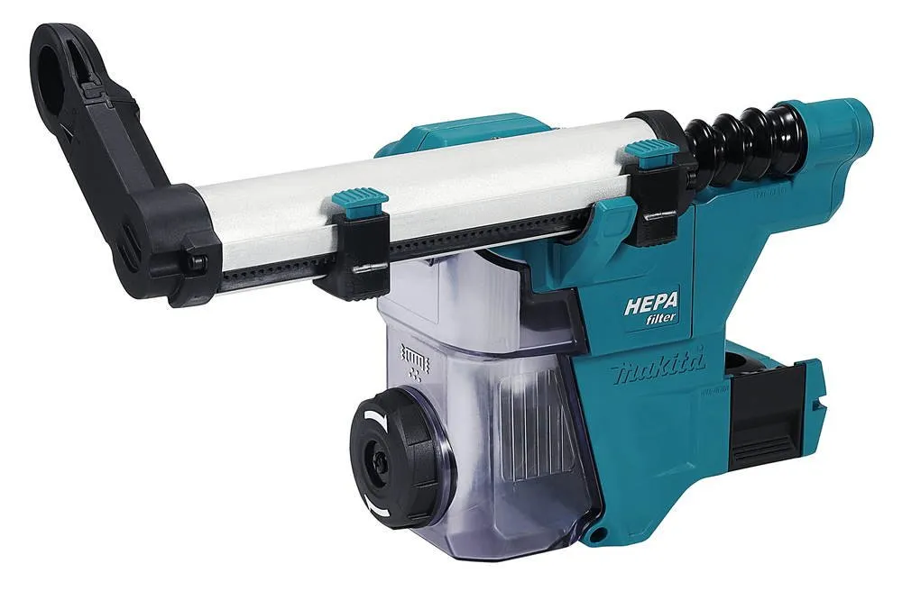 Pildil on Makita DX16 DHR183 tolmukogumissüsteem, mis on kinnitatud tööriista külge ja sisaldab HEPA filtrit.