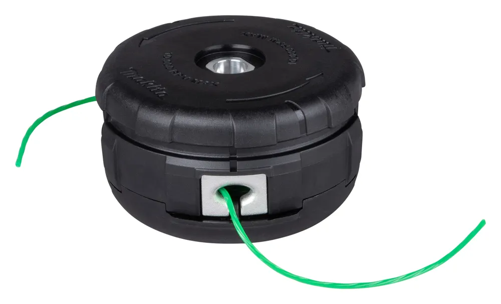 Pildil on Makita trimmipea BUMP&FEED, millelt ulatuvad välja rohelised trimmipea niidid.