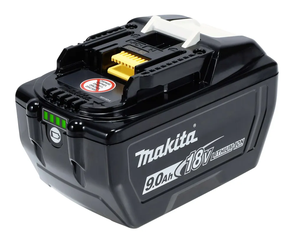 Pildil on must Makita aku 18 V 9,0 Ah BL1890, millel on nähtav aku laetuse indikaator.