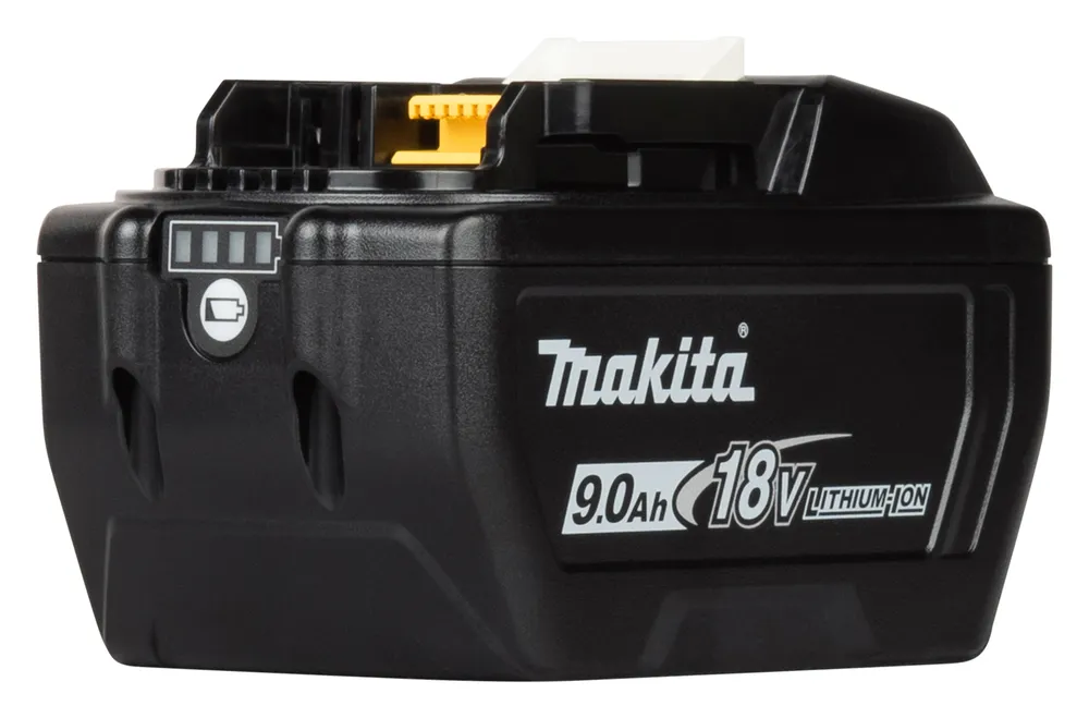 Pildil on Makita 18 V 9,0 Ah BL1890 aku, millel on nähtavad laetuse indikaatorid ja toote markeeringud.