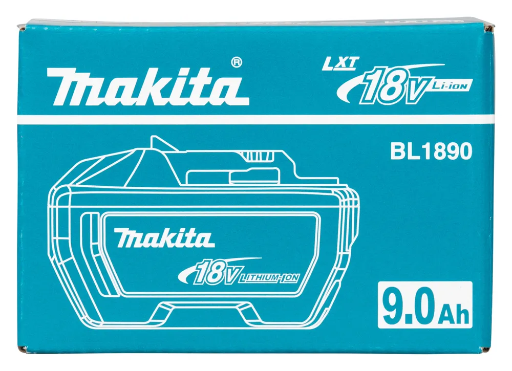 Pildil on Makita aku 18 V 9,0 Ah BL1890 pakend, millel on kujutatud aku joonis.