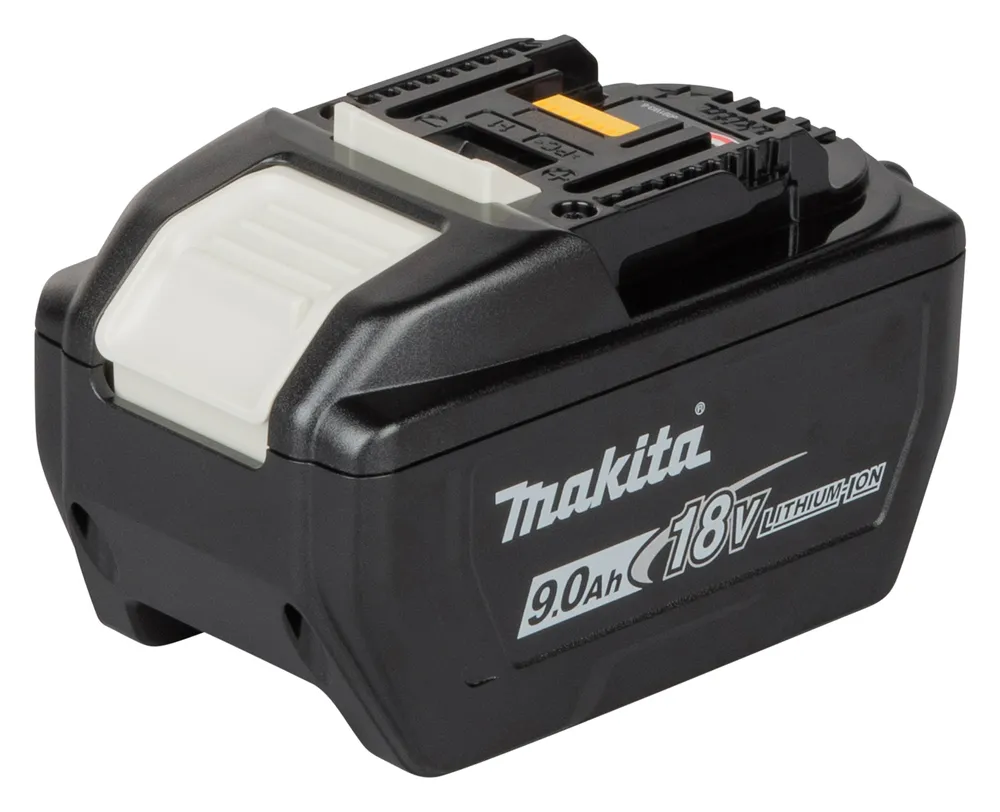 Pildil on must Makita 18 V 9,0 Ah BL1890 liitiumioonaku, millel on valged detailid ja logo.