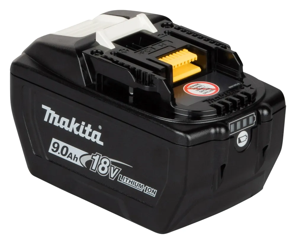 Pildil on must Makita 18 V 9,0 Ah BL1890 aku, millel on nähtavad laetuse indikaatorid ja kollane kinnitus.