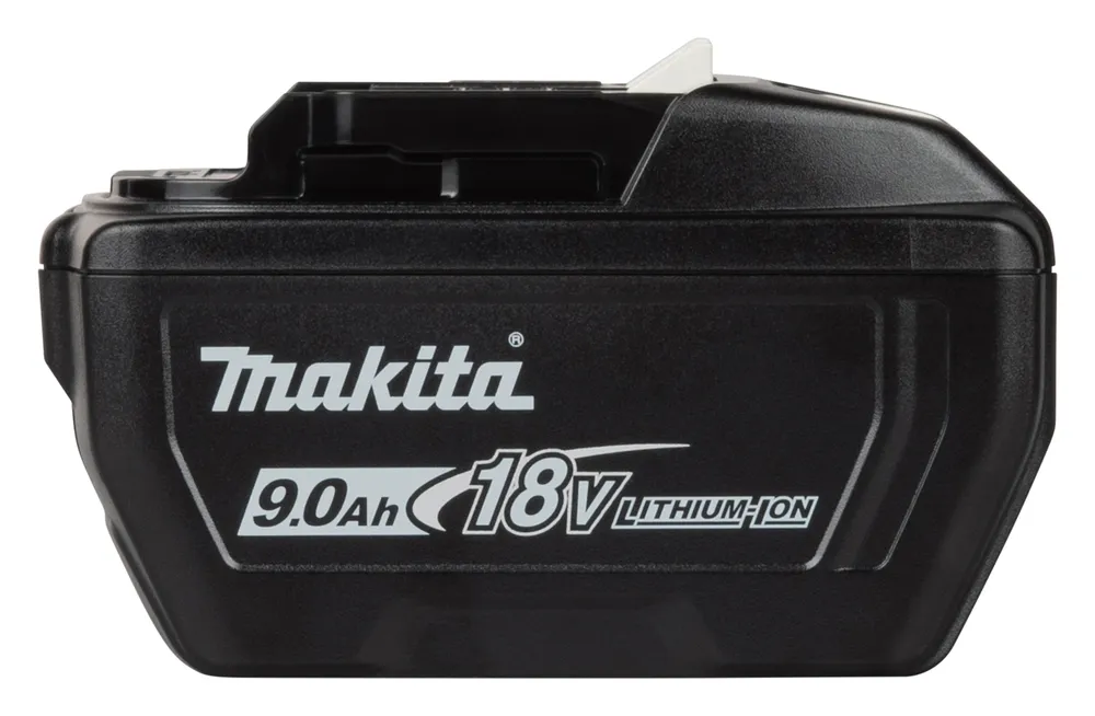 Pildil on must Makita 18 V 9,0 Ah BL1890 aku, millel on Makita logo ja spetsifikatsioonid.