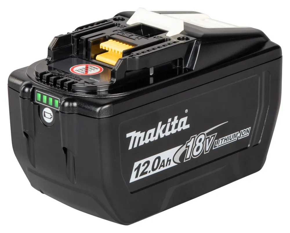 Pildil on must Makita aku 18 V 12,0 Ah BL18120, millel on rohelised LED-id aku laetuse taseme näitamiseks.