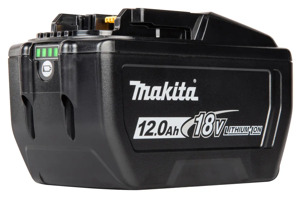Pildil on must Makita aku 18 V 12,0 Ah BL18120, millel on roheliste tuledega aku laetuse indikaator.