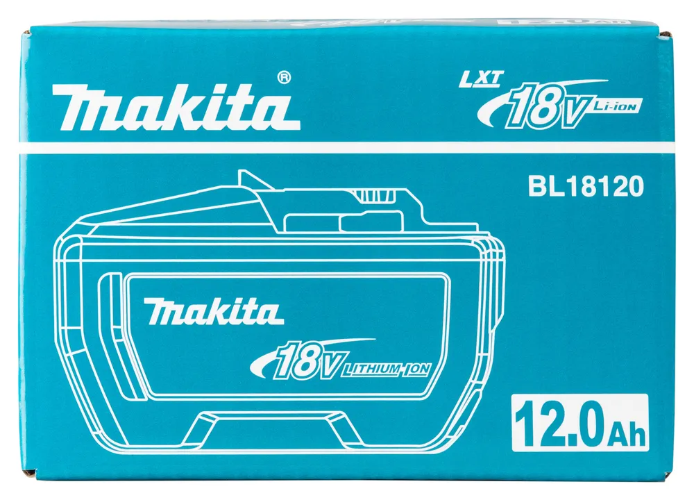 Pildil on Makita aku 18 V 12,0 Ah BL18120 pakend, millel on kujutatud aku joonis ja kirjeldused.