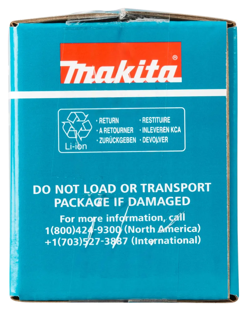 Pildil on Makita aku pakend, millel on logo, teave tagastamise kohta, hoiatused ja kontaktandmed.