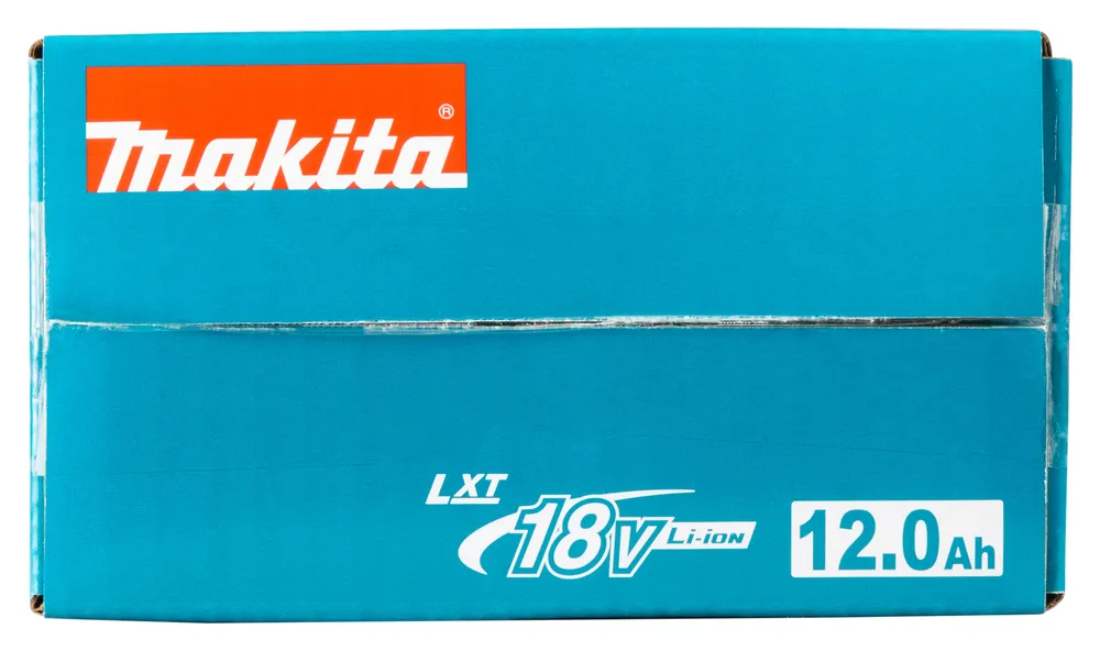 Pildil on sinine Makita aku 18 V 12,0 Ah BL18120 karp, mille peal on Makita logo ja toote andmed.