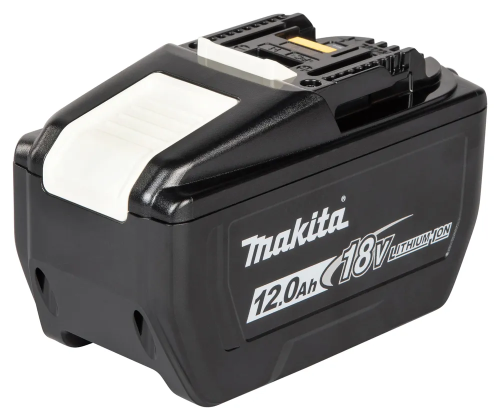 Pildil on must Makita aku 18 V 12,0 Ah BL18120, millel on valged detailid ja selgelt nähtavad tootja logo ja tehnilised...
