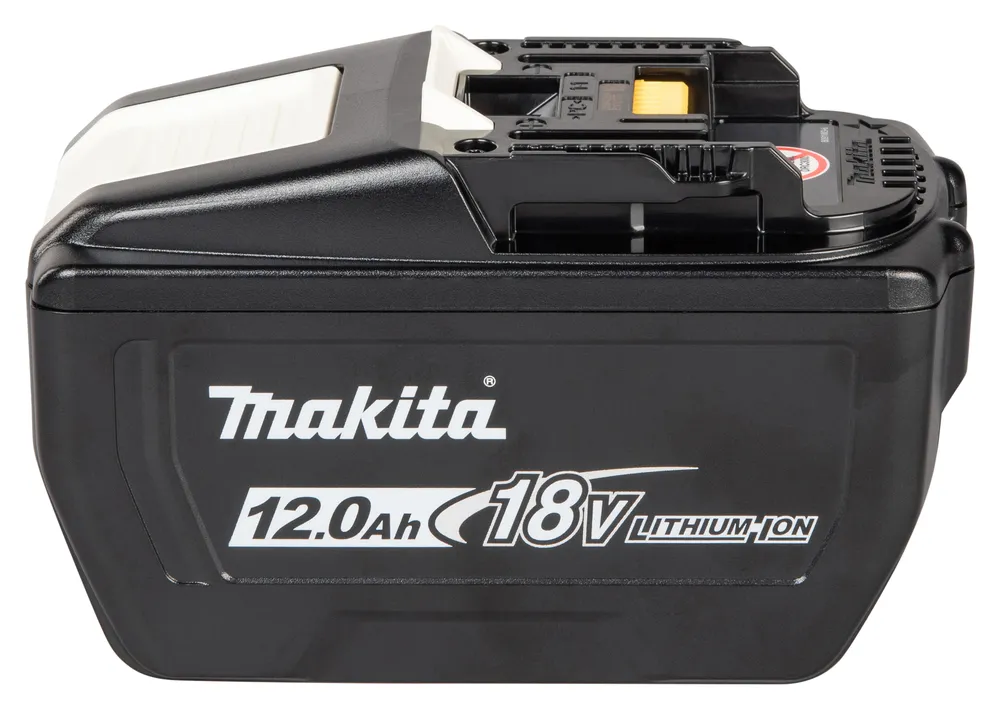 Pildil on must Makita aku, 18V 12,0Ah BL18120, mida näeb külje pealt.