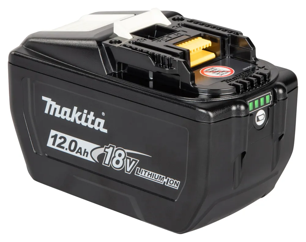 Pildil on must Makita aku 18 V 12,0 Ah BL18120, millel on rohelised valgusdioodid aku oleku näitamiseks.