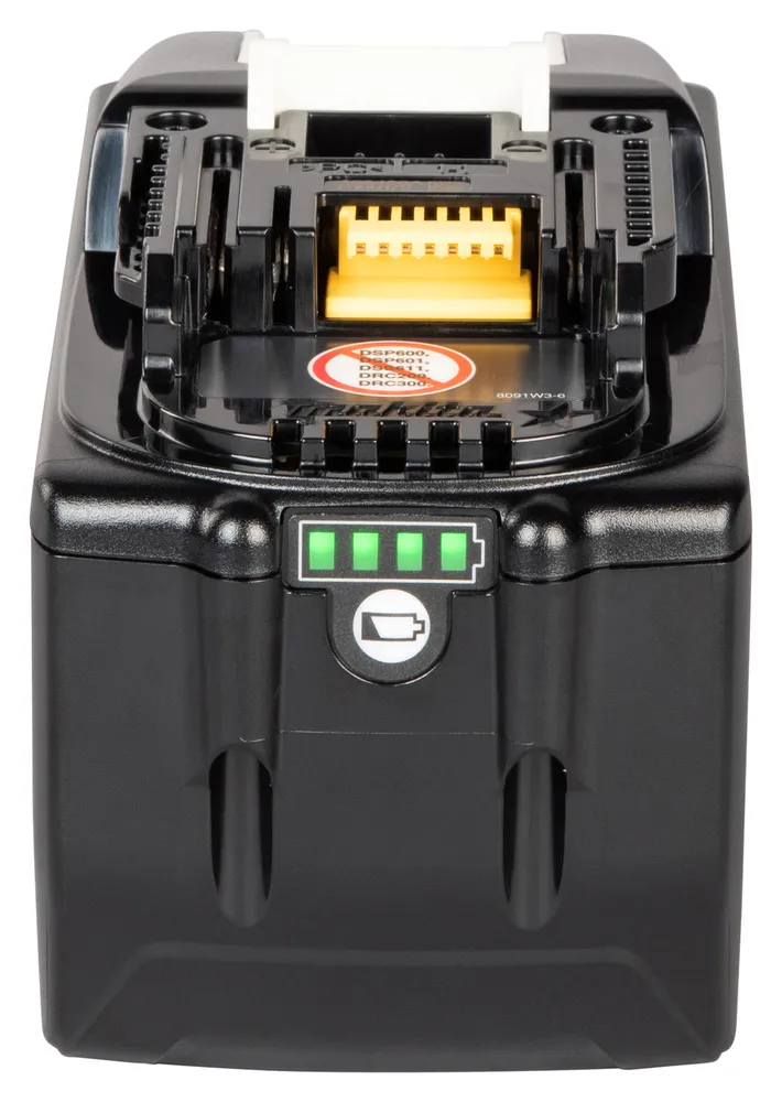 Pildil on must Makita 18 V aku 12,0 Ah BL18120, millel on rohelised LED-id aku laetuse taseme näitamiseks.