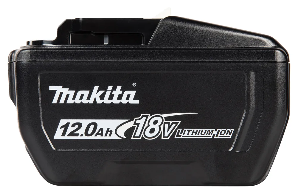 Pildil on musta värvi Makita aku 18 V 12,0 Ah BL18120, kus on selgelt näha toote nimi, pinge ja mahutavus.