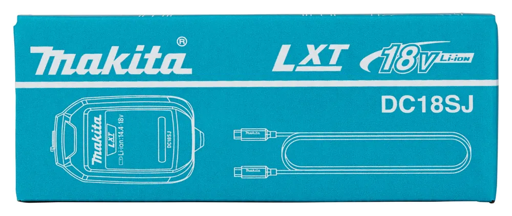 Pildil on Makita akulaadija DC18SJ pakend, millel on kujutatud seadme skeem ja USB-PD toitega kaabel.