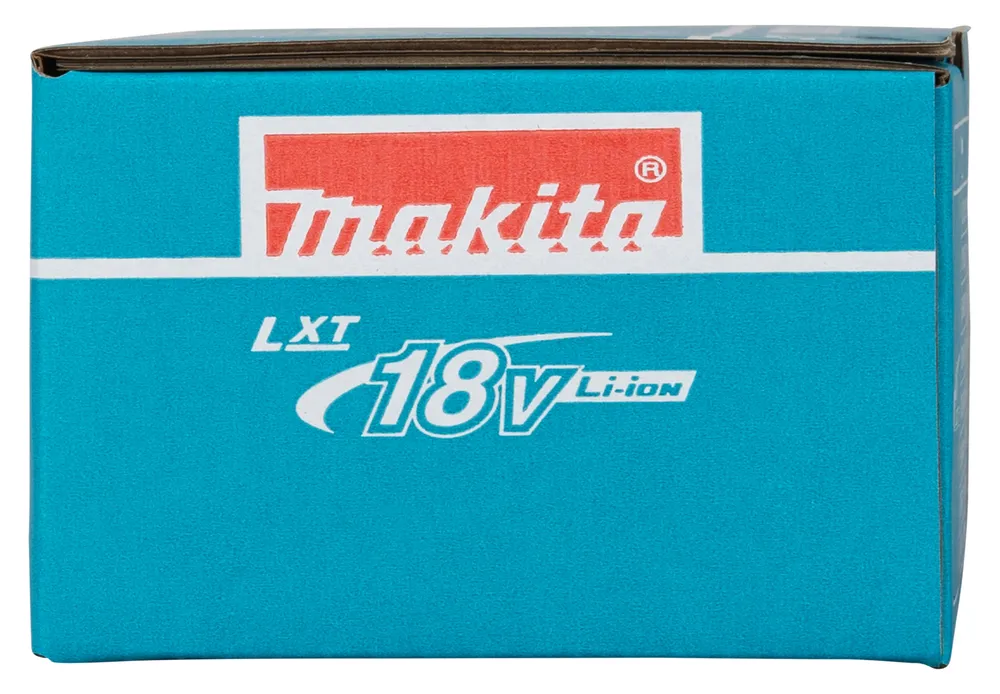 Pildil on Makita akulaadija pakend, millel on kirjas "LXT" ja "18V Li-Ion" ning Makita logo.