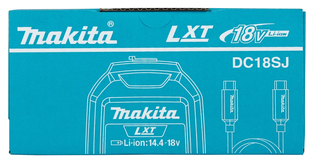 Pildil on Makita akulaadija DC18SJ pakend, millel on USB-PD toide ja joonis akulaadijast ning kaablid.