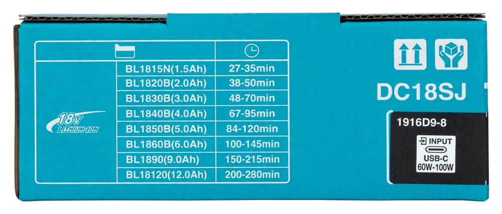 Pildil on Makita akulaadija DC18SJ, millel on USB-PD toide ja mis näitab laadimisaegu erinevate Makita akude jaoks.