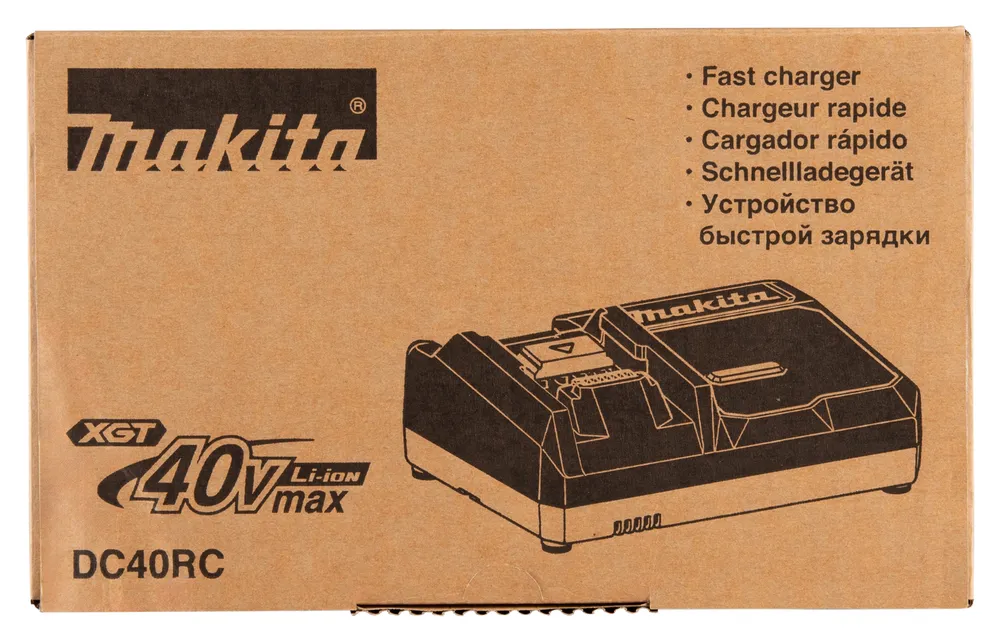 Pildil on Makita akulaadija XGT DC40RC, mida on kujutatud pakendil koos erinevate keelte kirjeldustega.