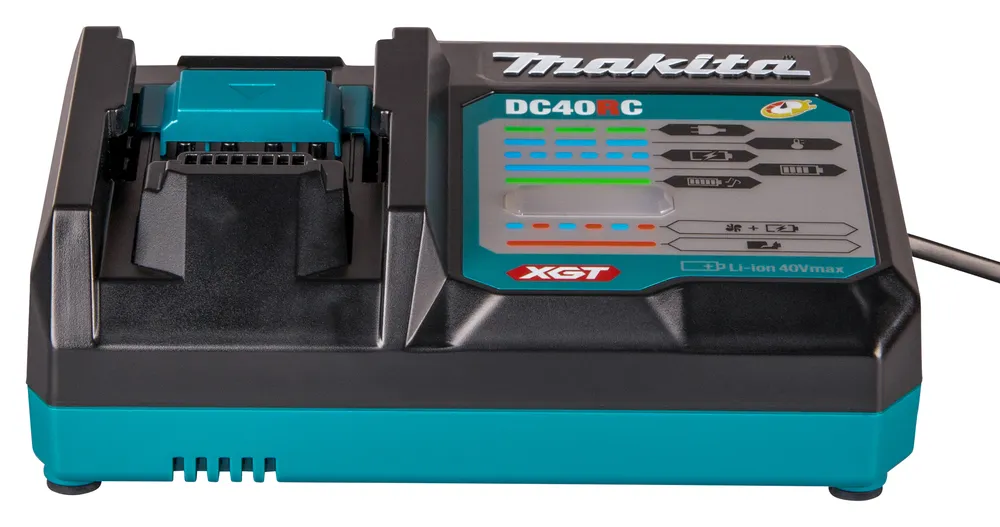 Pildil on Makita akulaadija XGT DC40RC, mida saab kasutada 40V akude laadimiseks ja sellel on erinevad indikaatorid...