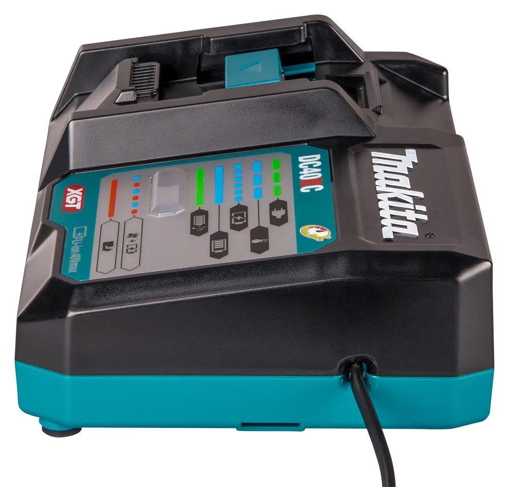 Pildil on Makita akulaadija XGT DC40RC, mida saab kasutada akude laadimiseks ja sellel on erinevad indikaatorid, mis...