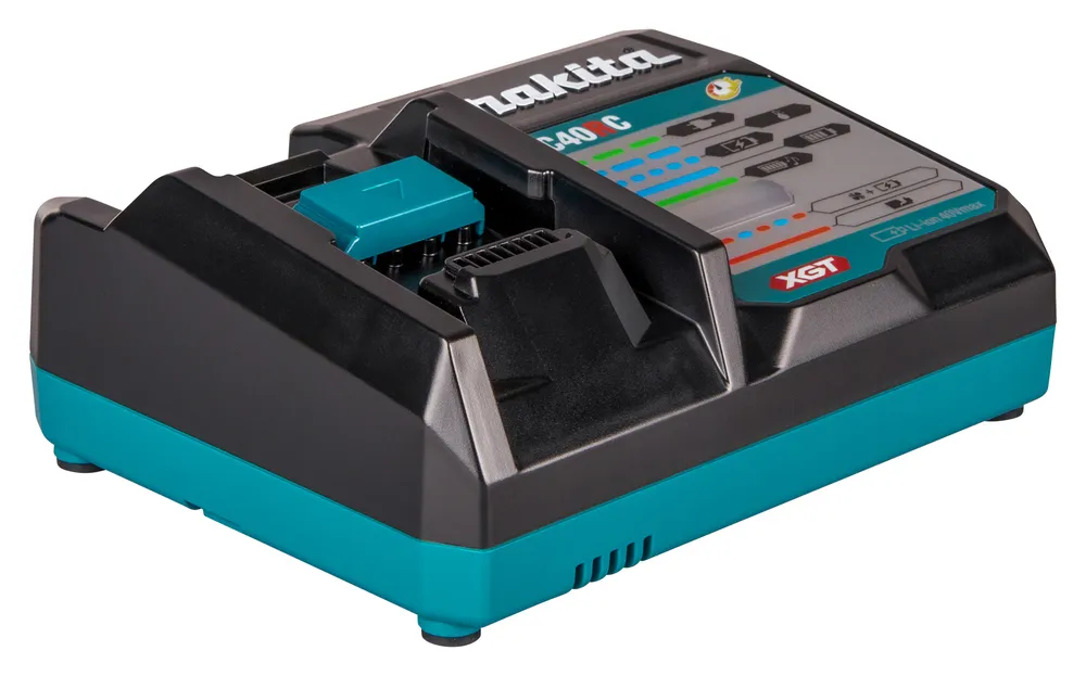 Pildil on Makita akulaadija XGT DC40RC, mida näeme musta ja türkiissinise värviga.