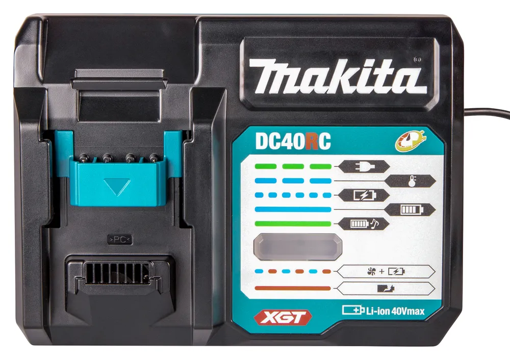 Pildil on Makita akulaadija XGT DC40RC, millel on erinevad indikaatorid laadimise olekust.