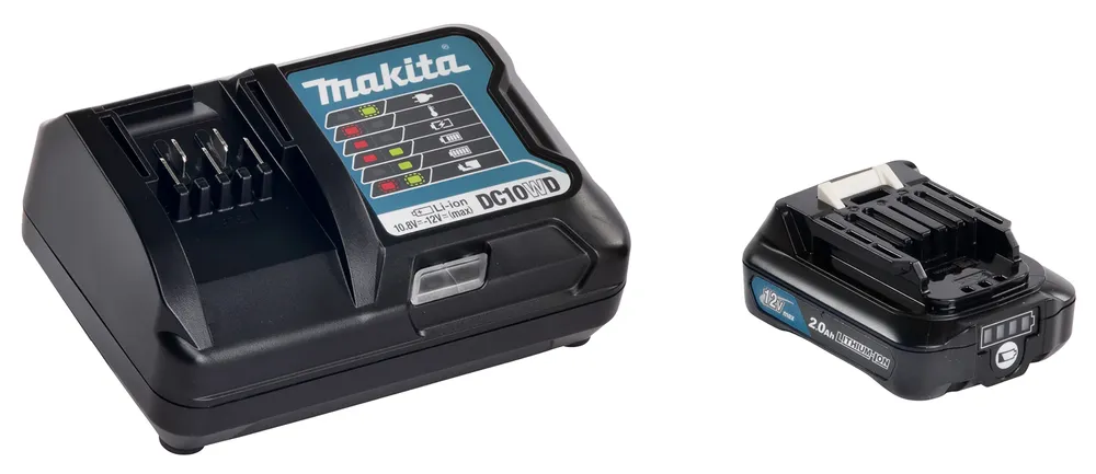 Pildil on Makita komplekt, mis sisaldab 12V MAX Li-ion akut (BL1021B) ja laadijat (DC10WD).