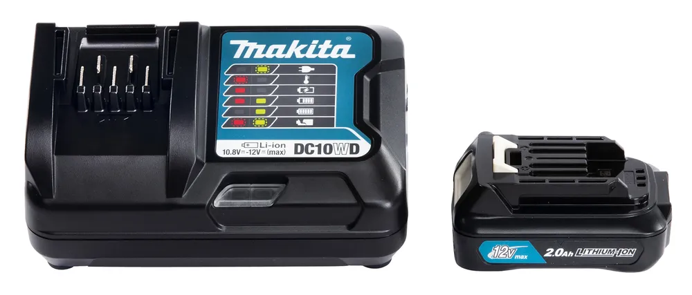 Pildil on Makita komplekt 12V MAX, mis sisaldab akut 1XBL1021B ja laadijat DC10WD.
