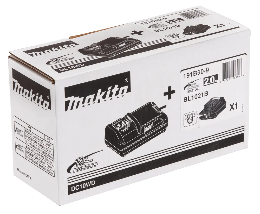 Pildil on Makita komplekti karp, millel on 12V MAX, 1XBL1021B, DC10WD, mis näitab akut ja laadijat.