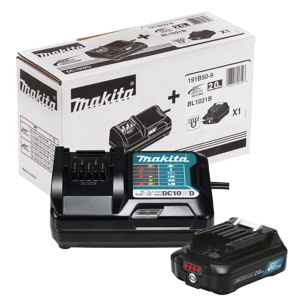 Pildil on Makita komplekt, mis sisaldab 12V MAX akut, laadijat DC10WD ja ühte BL1021B akut.