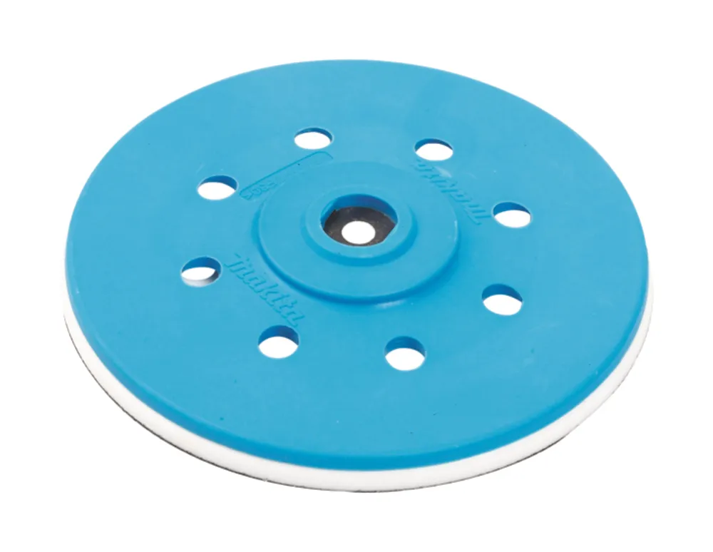 Pildil on Makita lihvtald BO6030 / BO6040 150 mm, kõva, millel on sinine pealispind, valge serv ja augud.