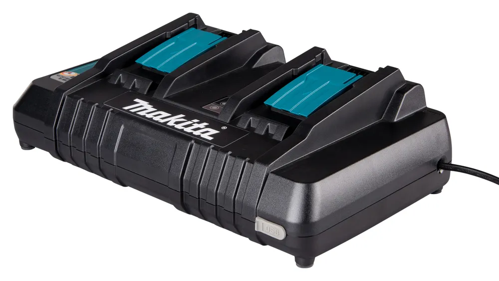 Pildil on must Makita kahe pesaga kiire akulaadija DC18RD, millel on kaks pesa akude laadimiseks ja USB-port.