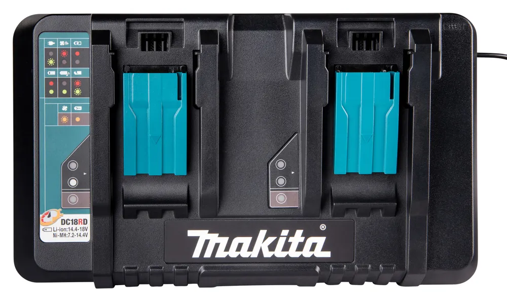 Pildil on Makita kahe pesaga kiire akulaadija DC18RD, kus on näha kaks kohta akude jaoks, teavituspaneel ja Makita logo.