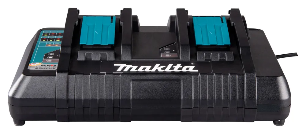 Pildil on Makita kahe pesaga kiire akulaadija DC18RD, millel on kaks pesa akude laadimiseks ja oleku indikaatorid.