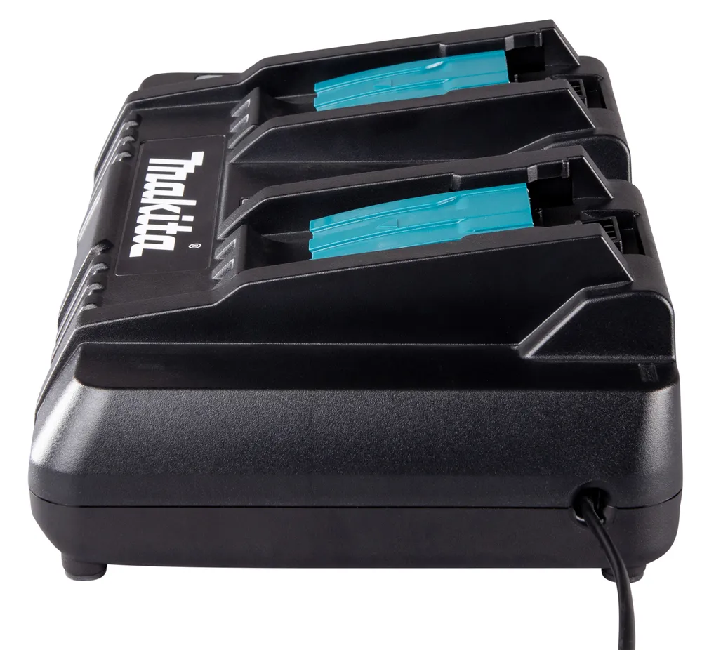 Pildil on Makita kahe pesaga kiire akulaadija DC18RD, kus on näha musta korpust ja siniseid detaile.