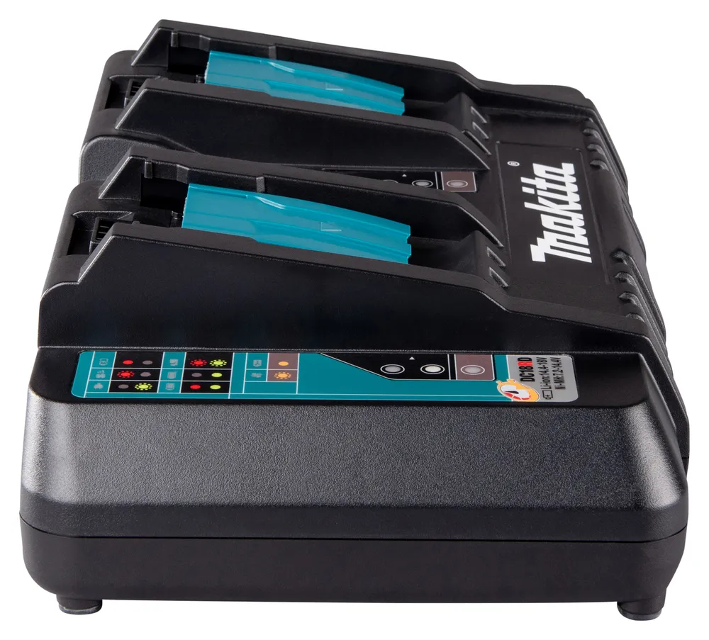 Pildil on must Makita kahe pesaga kiire akulaadija DC18RD, kus on näha laadijapesad, indikaatorid ja Makita logo.