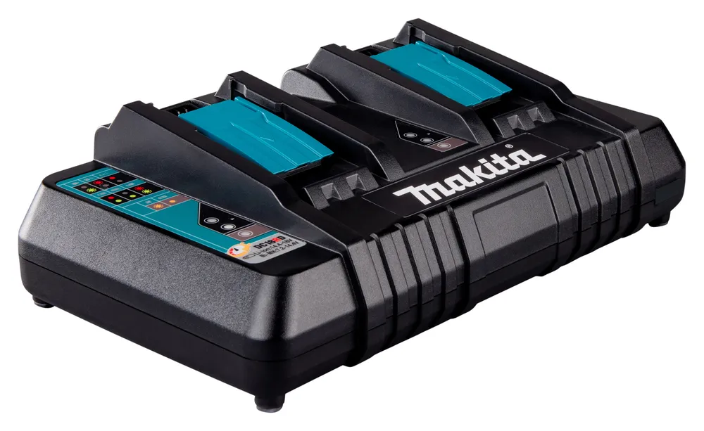 Pildil on Makita kahe pesaga kiire akulaadija DC18RD, kus on näha kahe akupesa ja laadimisoleku näidikud.