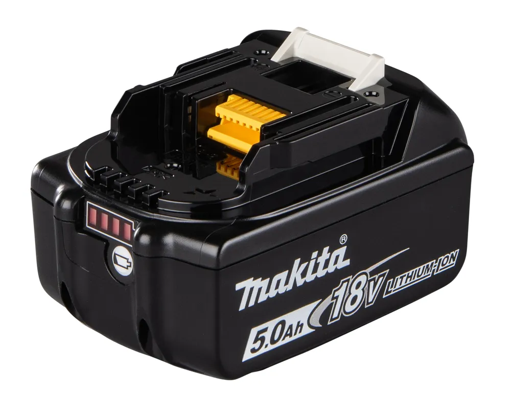 Pildil on must Makita aku 18 V 5,0 Ah BL1850B, millel on küljel nupuga akutaseme indikaator ja mille aku otsas on kollane...