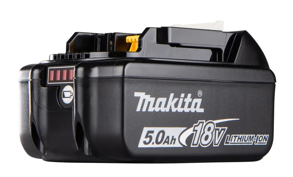 Pildil on must Makita 18 V 5,0 Ah BL1850B aku, millel on akulaadija näidik.
