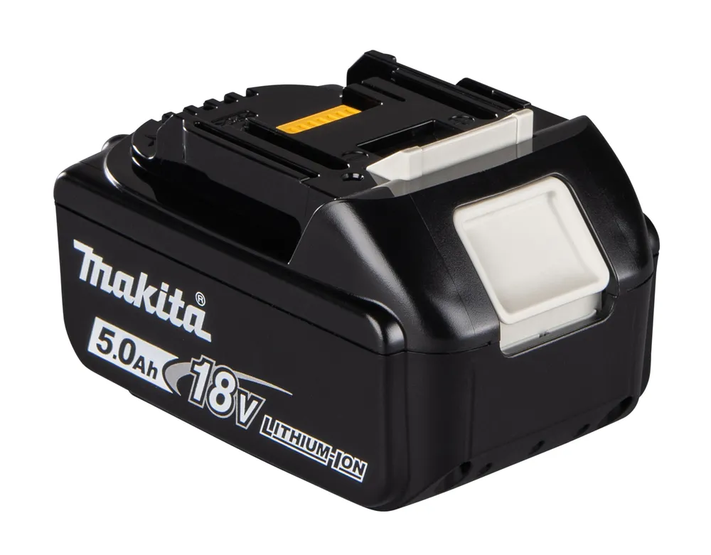 Pildil on must Makita 18 V 5,0 Ah BL1850B aku, millel on Makita logo ja spetsifikatsioonid.