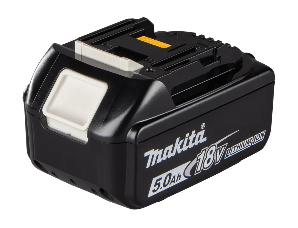 Pildil on must Makita aku 18 V 5,0 Ah BL1850B, millel on valged detailid ja logo.
