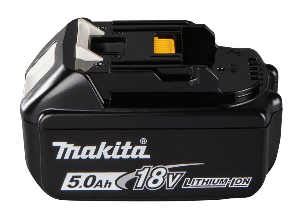 Pildil on must Makita aku 18 V 5,0 Ah BL1850B, mis on mõeldud elektriliste tööriistade jaoks.