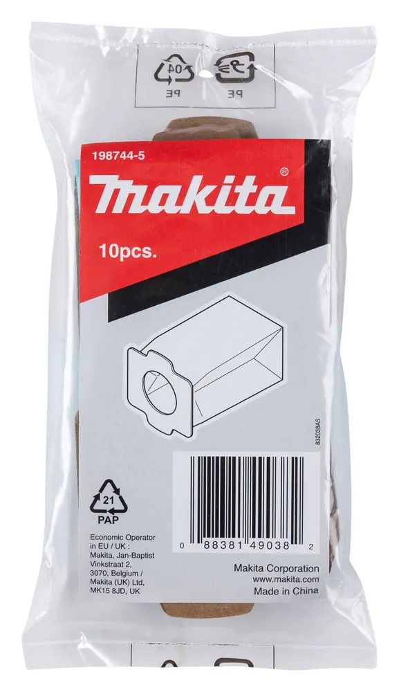 Pildil on näha Makita pabertolmukotid tolmuimejale, mis on pakitud läbipaistvasse plastpakendisse.